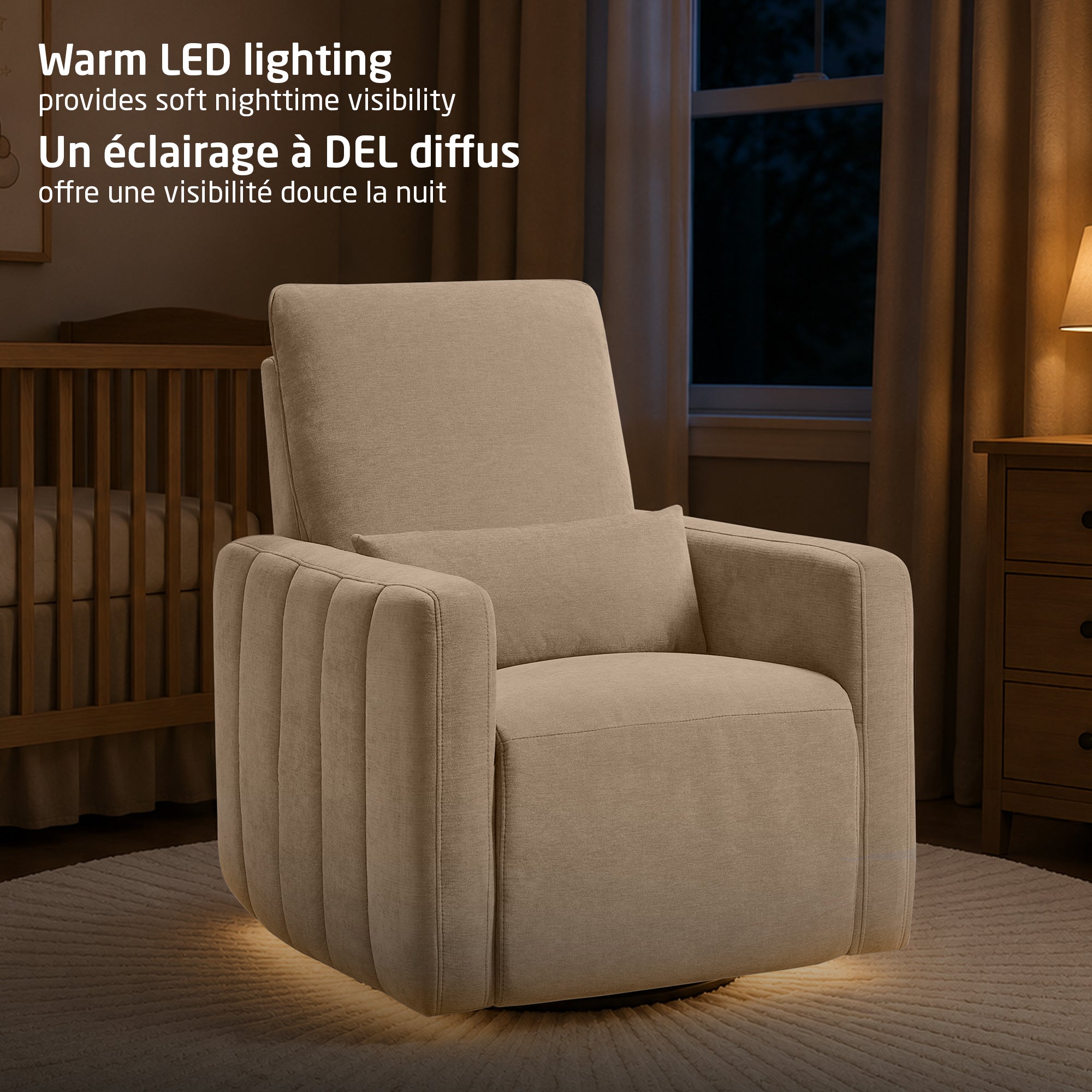 Fauteuil pivotant, coulissant et inclinable Dorian avec veilleuse 
