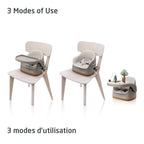 Three-panel view showing the Jay Plus transitioning between its three modes: a feeding booster, a supportive floor seat, and a playtime chair.