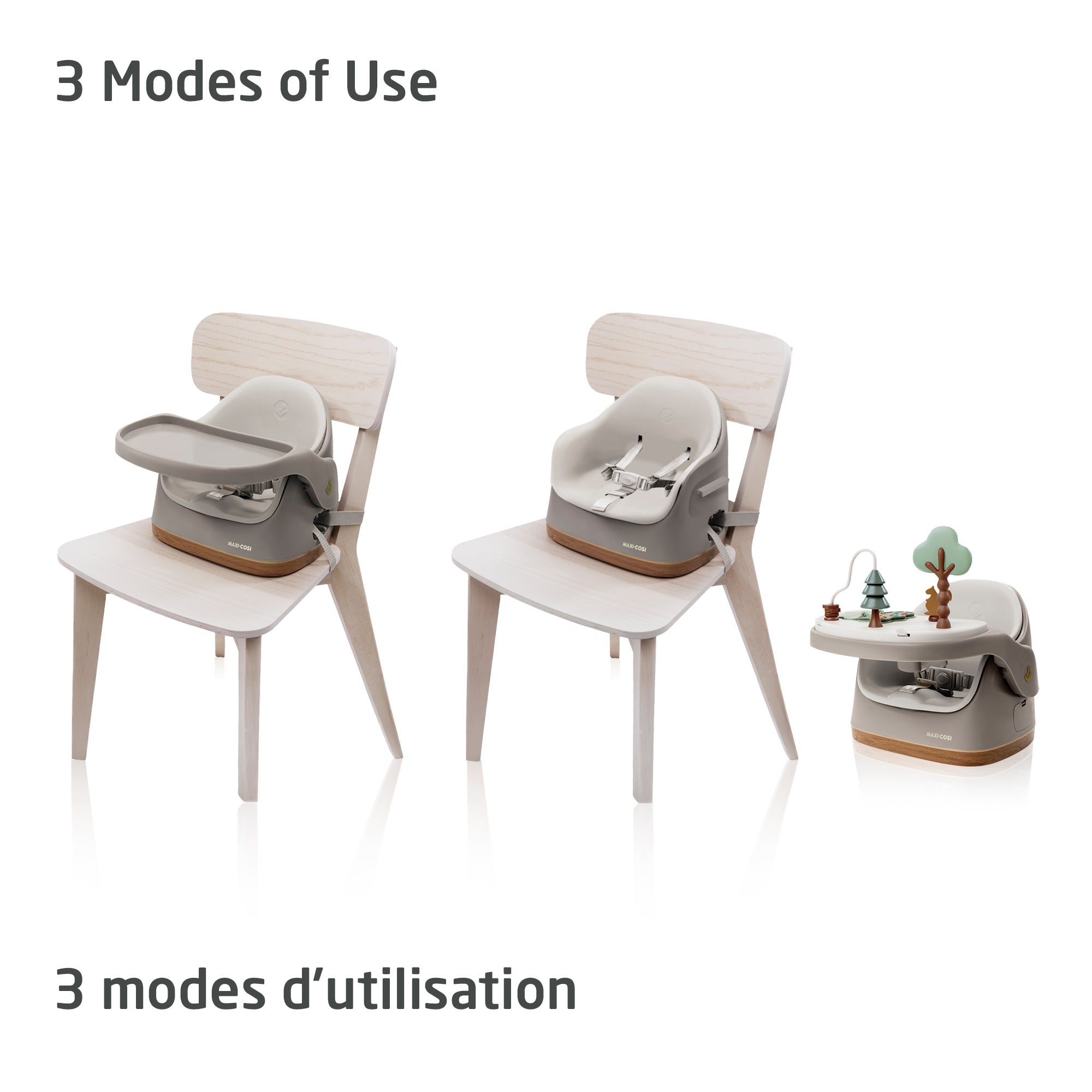 Three-panel view showing the Jay Plus transitioning between its three modes: a feeding booster, a supportive floor seat, and a playtime chair.
