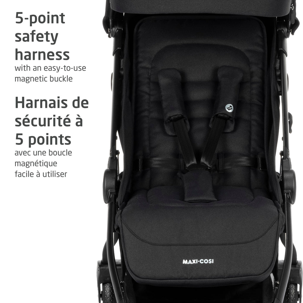 Detailed view of the secure 5-point safety harness featuring a quick-secure magnetic buckle for easy fastening.