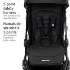 Detailed view of the secure 5-point safety harness featuring a quick-secure magnetic buckle for easy fastening.
