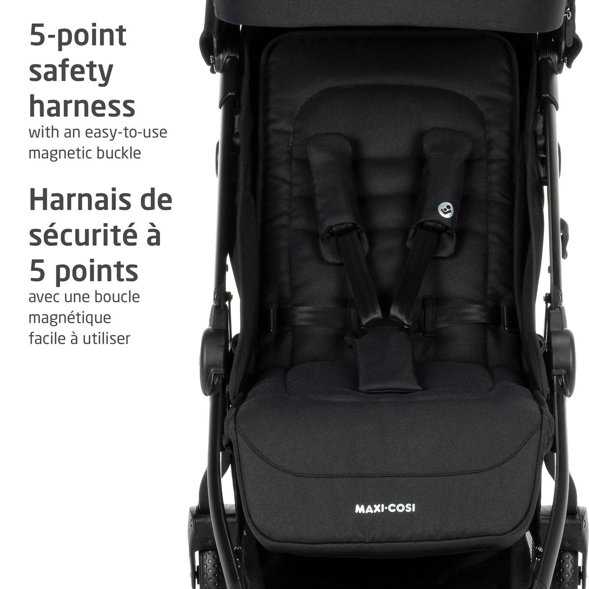 Detailed view of the secure 5-point safety harness featuring a quick-secure magnetic buckle for easy fastening.