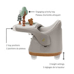 Lateral view of the Jay Plus highlighting the three height settings, two-position removable tray, and the engaging overhead toy bar.