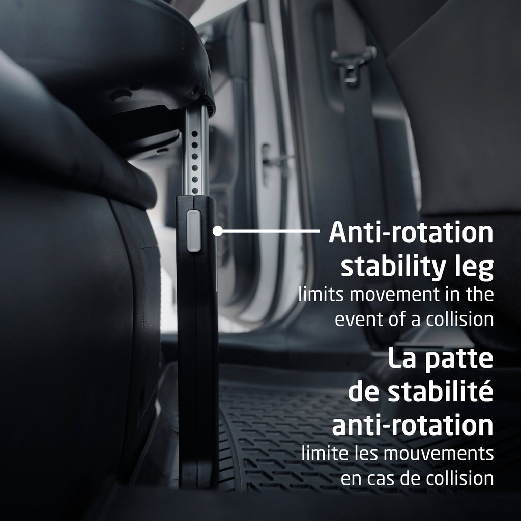 Anti-rotation stability leg designed to limit seat movement and provide extra protection in the event of a collision.