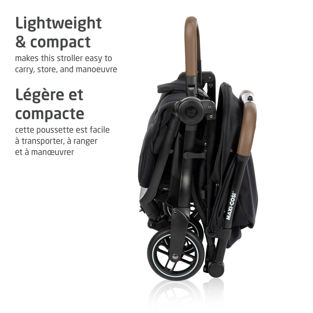 The compact, folded Maxi-Cosi stroller showcasing its ultra-light frame and space-saving design.