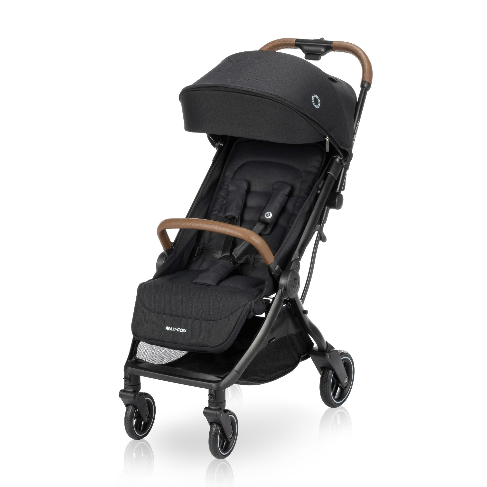 Profile view of the Maxi-Cosi Eva stroller showcasing its sleek design and premium finishes.