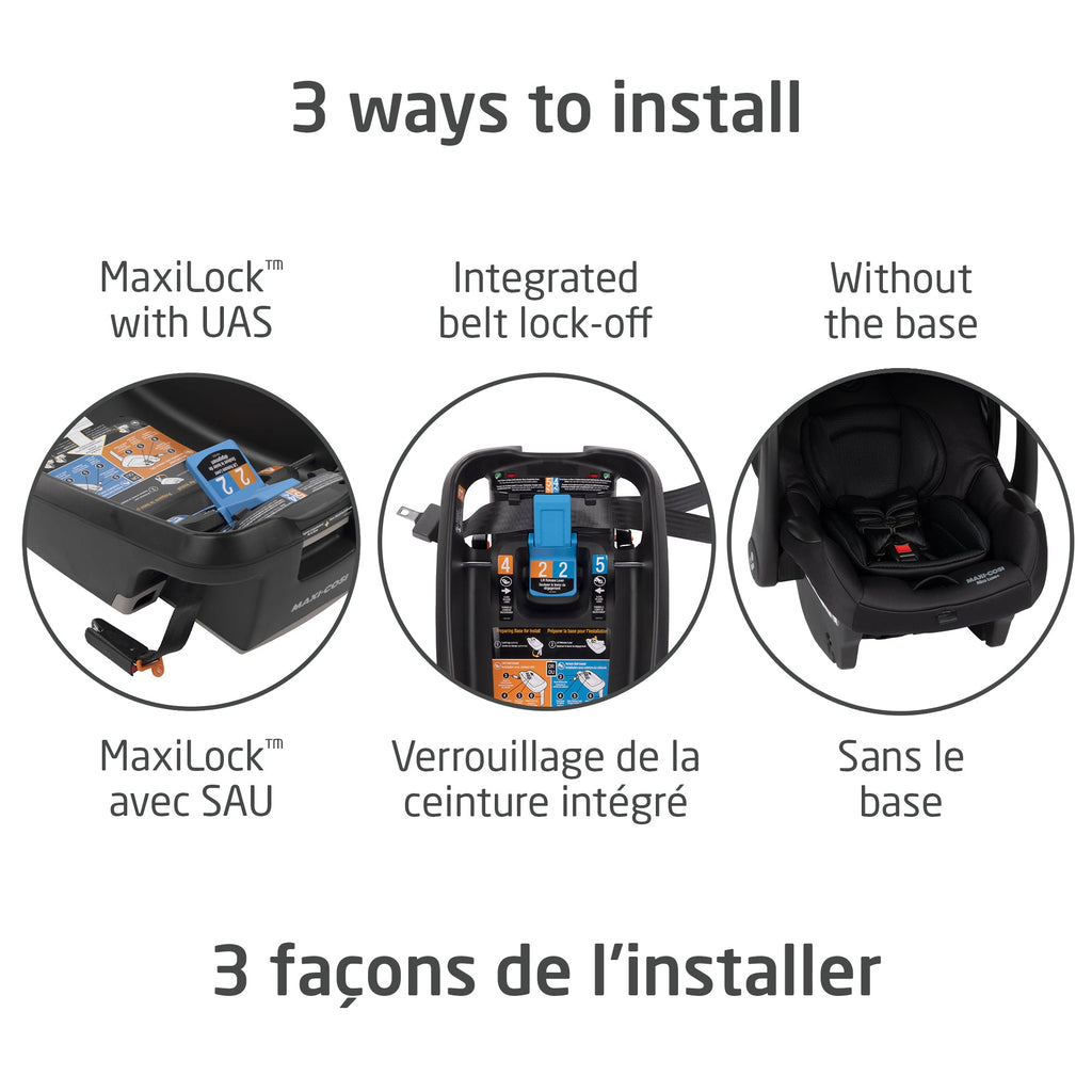 Three flexible installation options: using UAS, the vehicle belt lock-off, or a baseless installation for taxis and travel.