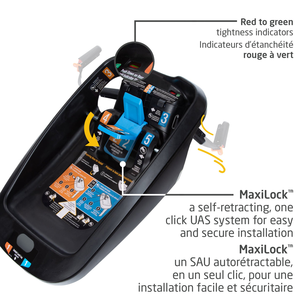 MaxiLock technology featuring red-to-green visual indicators to ensure a secure and correct car seat installation every time.
