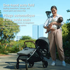 Eva stroller effortlessly collapsing into a self-standing position using the one-hand auto-fold button.