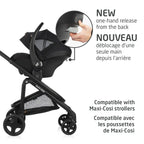 One-hand release infant seat seamlessly compatible with Maxi-Cosi strollers (Leona, Fame, Oxford) for a complete travel system.