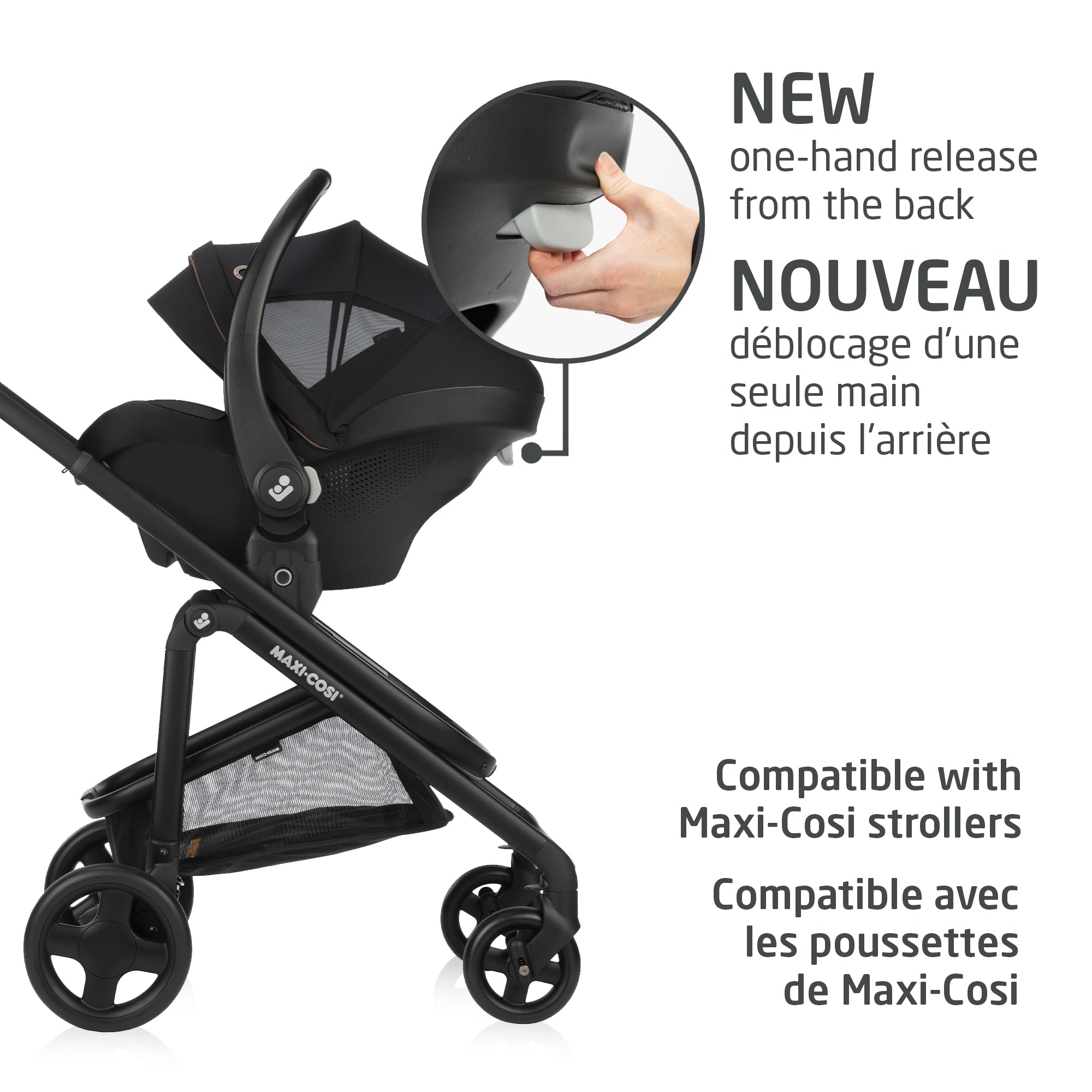 One-hand release infant seat seamlessly compatible with Maxi-Cosi strollers (Leona, Fame, Oxford) for a complete travel system.