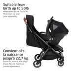 The Maxi-Cosi stroller configured as a travel system with a Mico infant car seat attached, suitable from newborns up to 50 lbs.