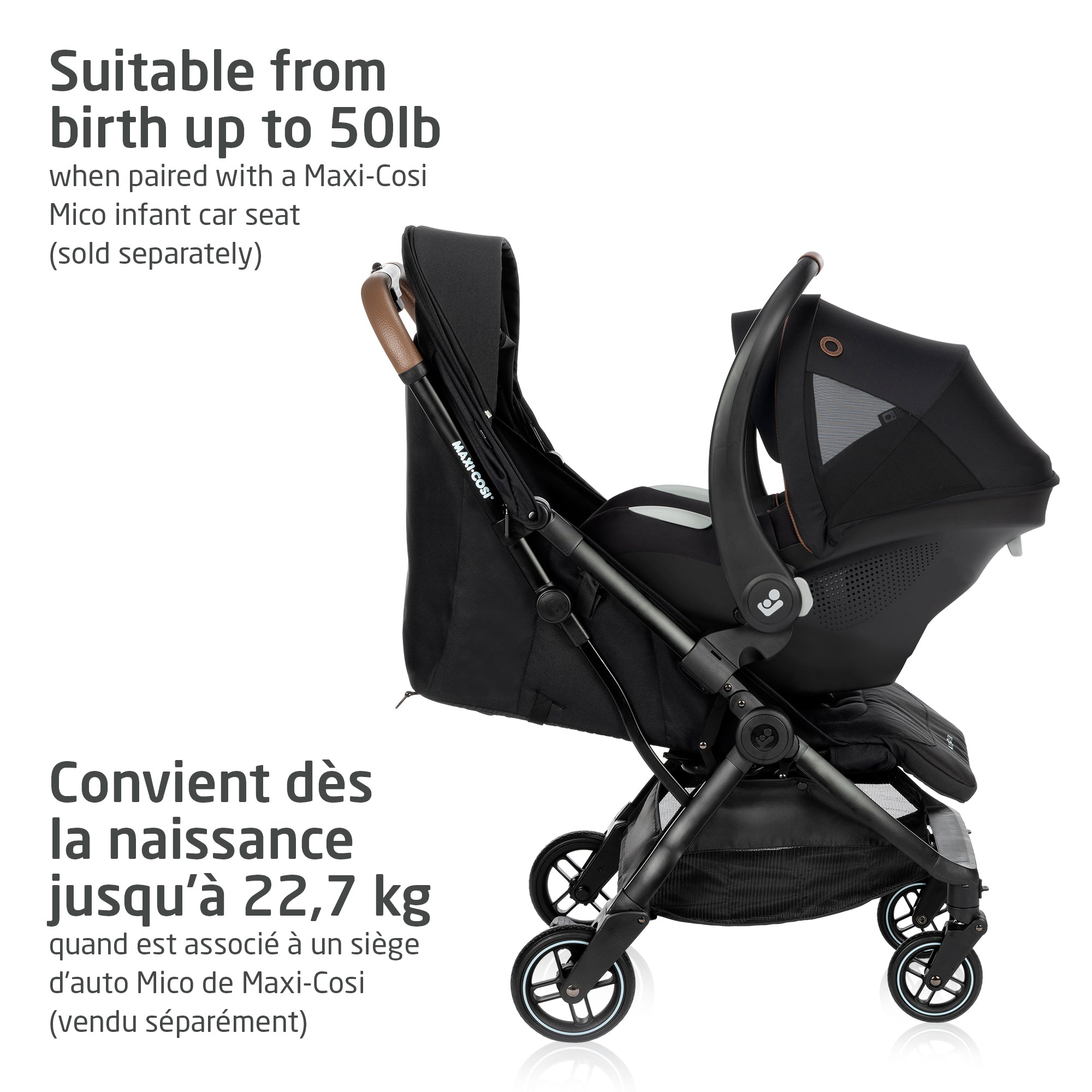 The Maxi-Cosi stroller configured as a travel system with a Mico infant car seat attached, suitable from newborns up to 50 lbs.