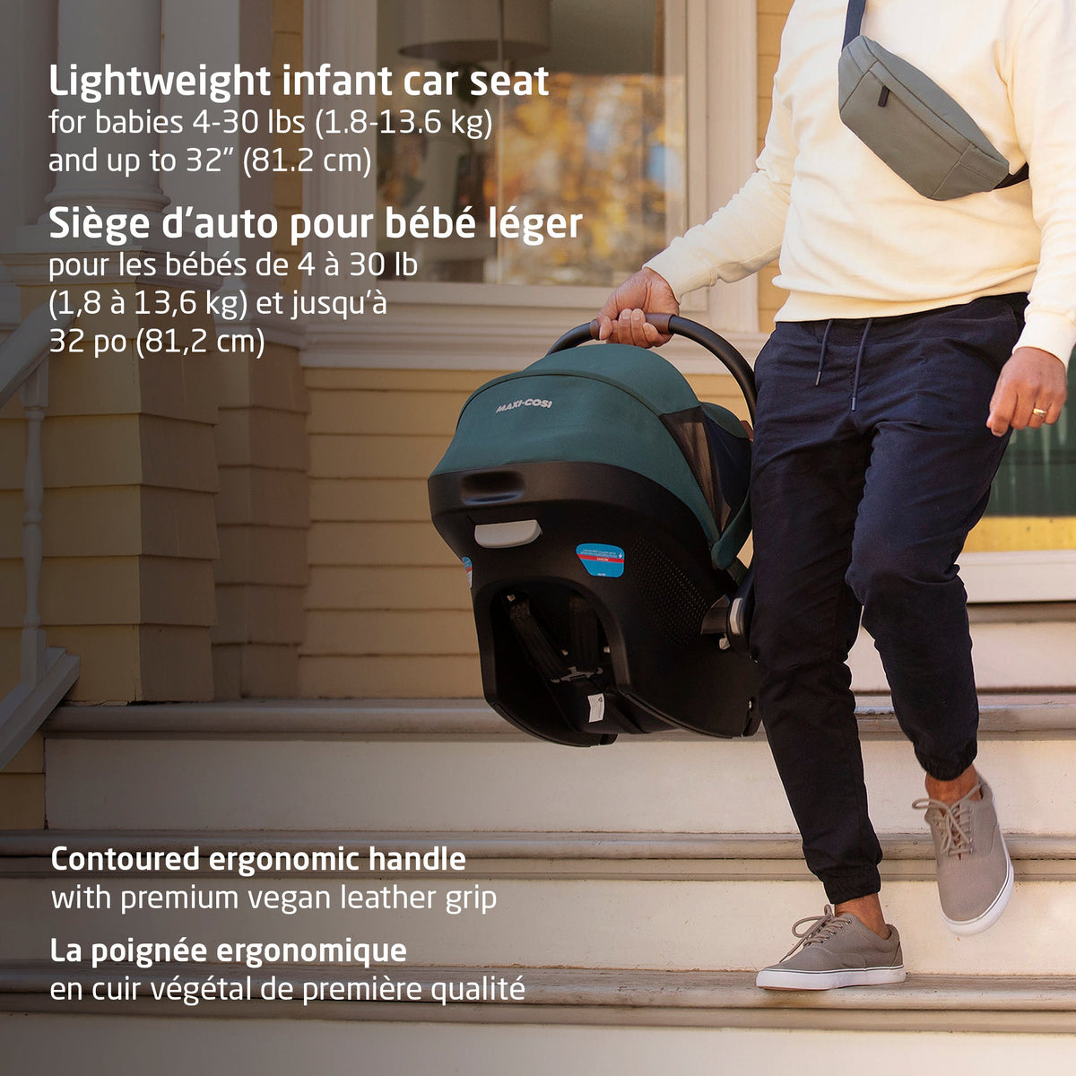 Infant car seat suitable for babies from 4 to 30 lbs (1.8 to 13.6 kg) and up to 32 inches (81.2 cm) tall.