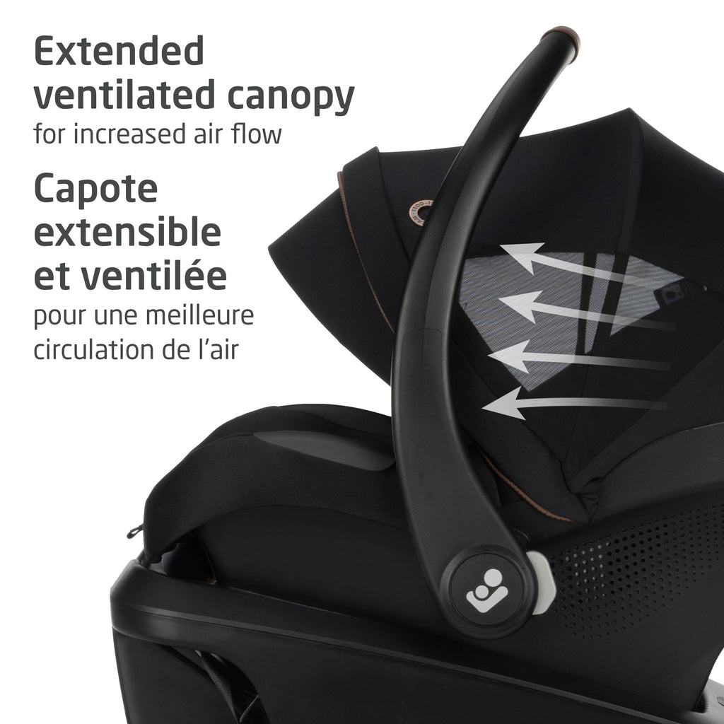 Extended ventilated canopy providing sun protection and increased airflow for a breezy, comfortable environment.