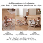 Maxi-Cosi dream doll nursery collection lineup showing the Moa doll high chair, Kori doll rocker, and Iora doll bassinet.