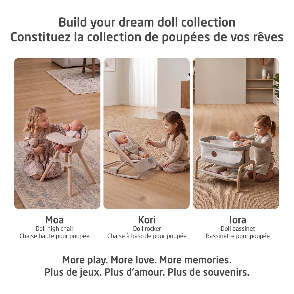 Three-panel overview showcasing the Maxi-Cosi dream doll collection including the Moa doll high chair, Kori doll rocker, and Iora doll bassinet.