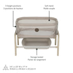 Feature callout diagram of the Iora doll bassinet showing 3-height positions, soft mesh sides, and lower storage basket.