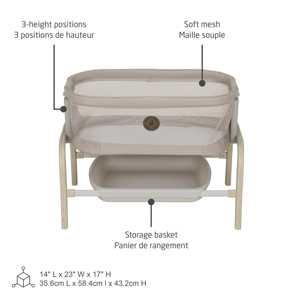 Feature callout diagram of the Iora doll bassinet showing 3-height positions, soft mesh sides, and lower storage basket.