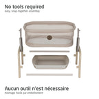 Exploded assembly view of the Maxi-Cosi Iora doll bassinet showing snap-together parts with no tools required.