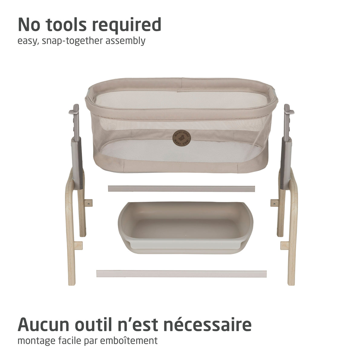 Exploded assembly view of the Maxi-Cosi Iora doll bassinet showing snap-together parts with no tools required.
