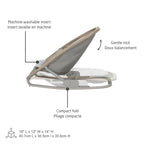 Product diagram of the Maxi-Cosi Kori Doll Rocker highlighting the machine-washable insert, gentle rock motion, compact flat fold, and dimensions.