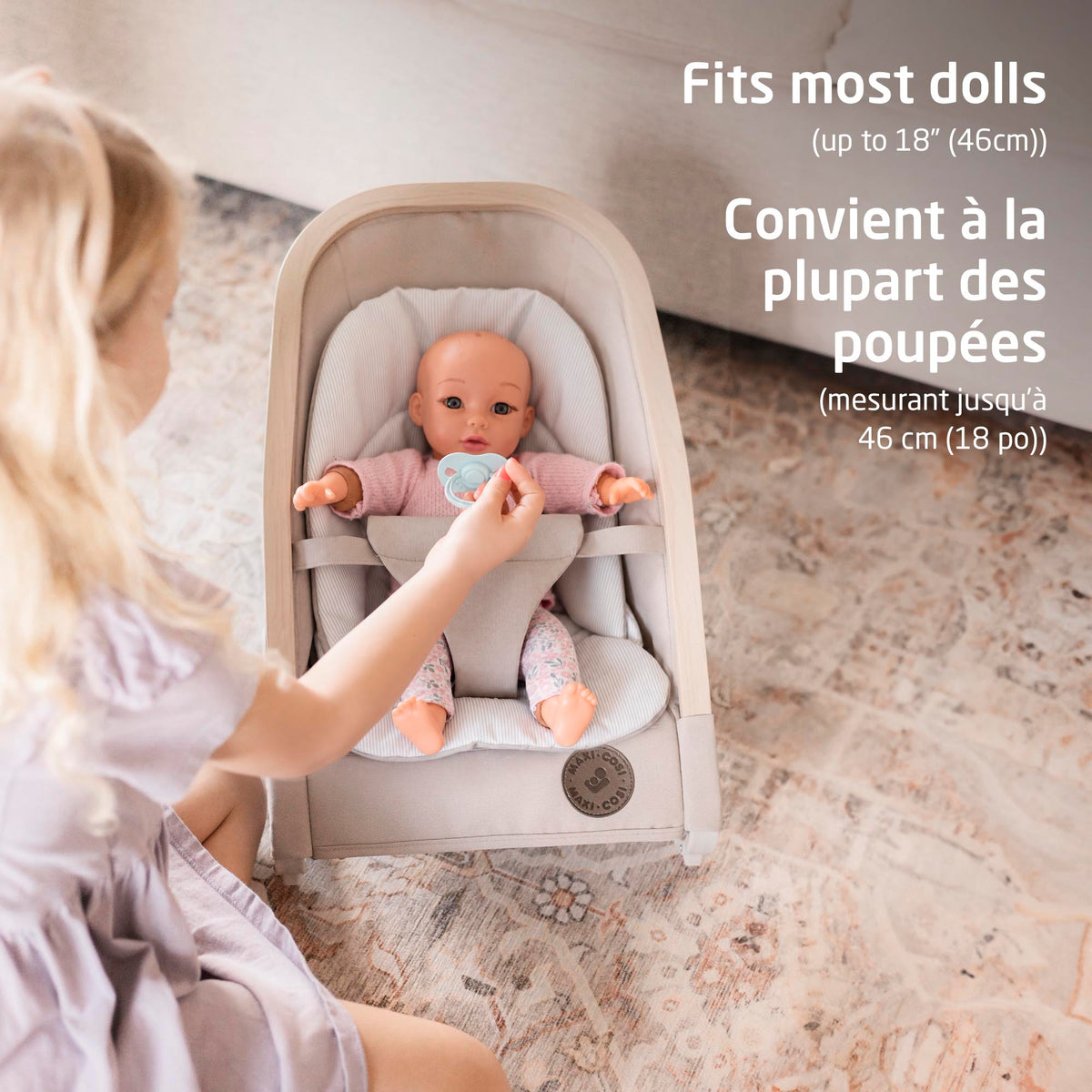 Front view of the Maxi-Cosi Kori Doll Rocker demonstrating universal fit for most baby dolls measuring up to 18 inches (46 cm).