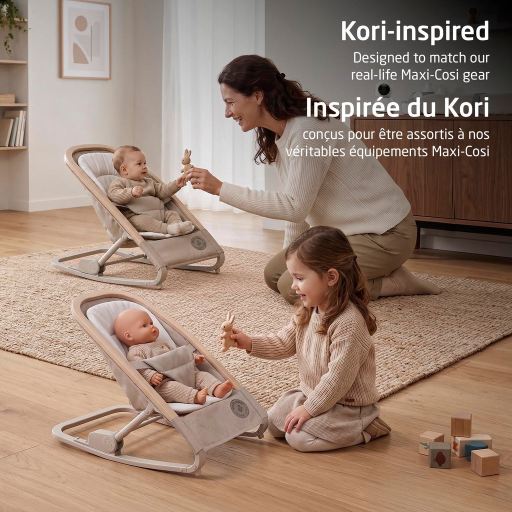 Side-by-side lifestyle shot featuring a mother and child with matching real-life Maxi-Cosi Kori rocker and toy doll rocker versions.