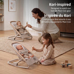 Side-by-side lifestyle shot featuring a mother and child with matching real-life Maxi-Cosi Kori rocker and toy doll rocker versions.