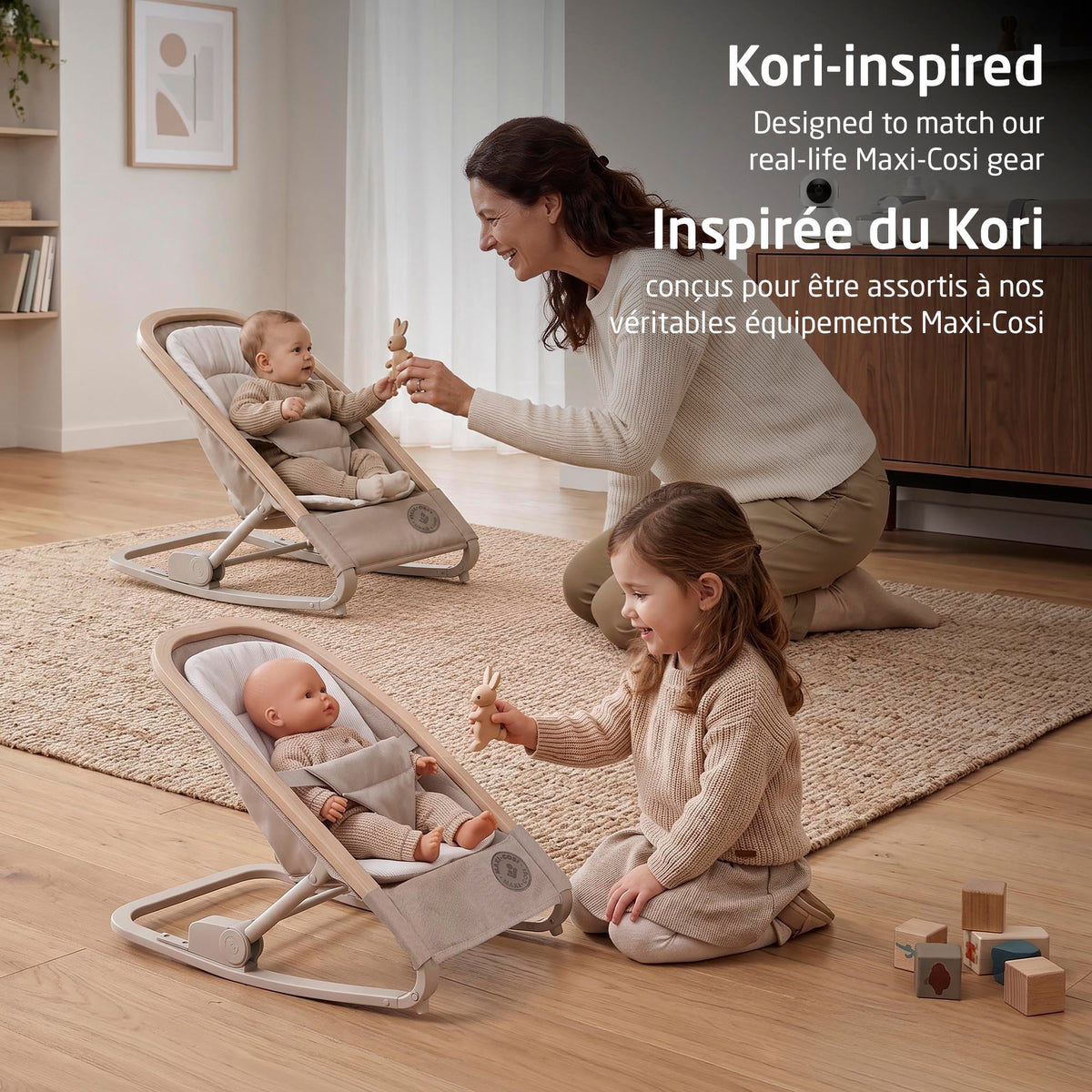 Side-by-side lifestyle shot featuring a mother and child with matching real-life Maxi-Cosi Kori rocker and toy doll rocker versions.