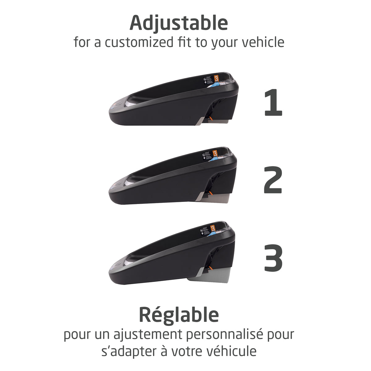 Side-by-side comparison showing the 3 adjustable base height positions engineered to deliver a customized, level fit in cars, SUVs, and minivans.