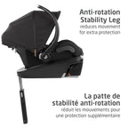 Product shot of the Maxi-Cosi Mico car seat installed on base, highlighting the anti-rotation stability leg engineered to limit rebound movement for enhanced head and neck protection.