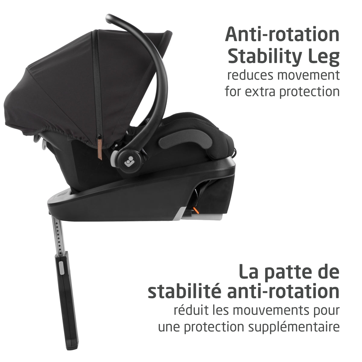 Product shot of the Maxi-Cosi Mico car seat installed on base, highlighting the anti-rotation stability leg engineered to limit rebound movement for enhanced head and neck protection.