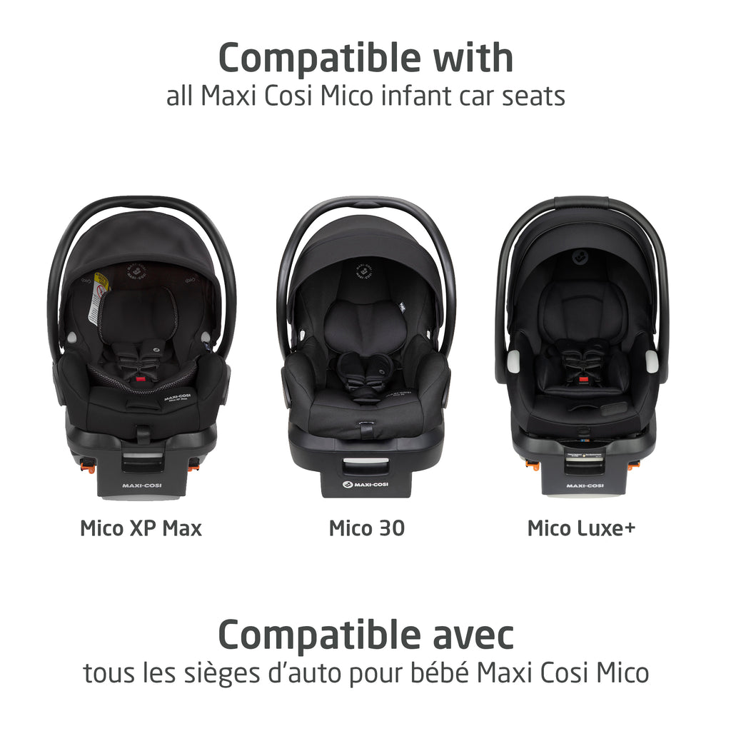 Lineup demonstrating the universal compatibility of the adjustable car seat base across all Maxi-Cosi Mico infant car seat models for multi-vehicle Canadian families.