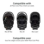 Lineup demonstrating the universal compatibility of the adjustable car seat base across all Maxi-Cosi Mico infant car seat models for multi-vehicle Canadian families.