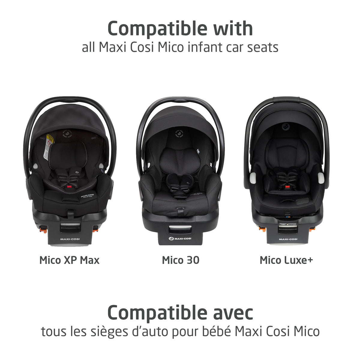 Lineup demonstrating the universal compatibility of the adjustable car seat base across all Maxi-Cosi Mico infant car seat models for multi-vehicle Canadian families.