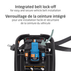 Detailed zoom of the integrated vehicle belt lock-off system on the Maxi-Cosi Mico base, ensuring a straightforward and secure seat belt installation.