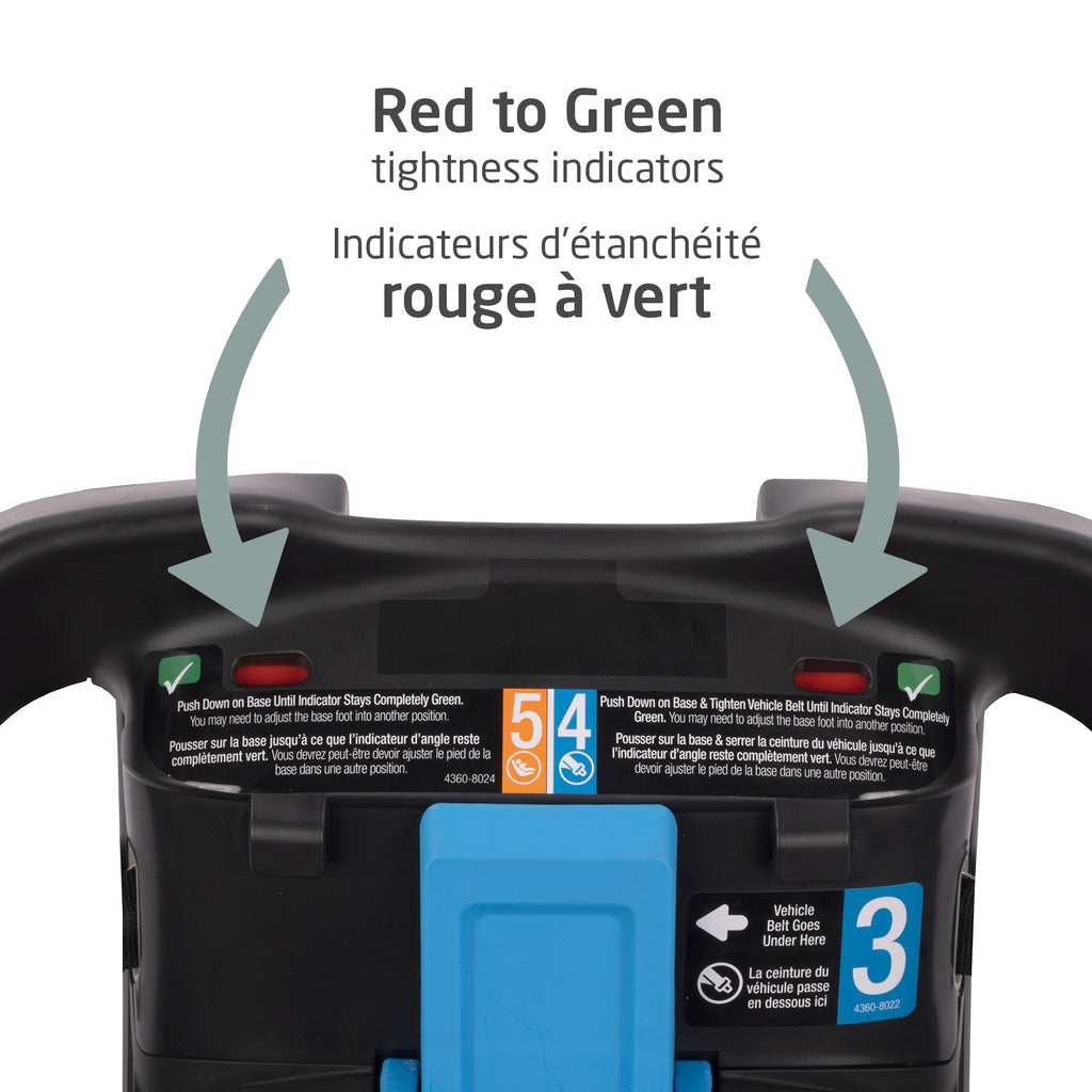 Close-up of the visual red-to-green tightness level indicators, providing instant confirmation of an accurate and secure car seat base installation.