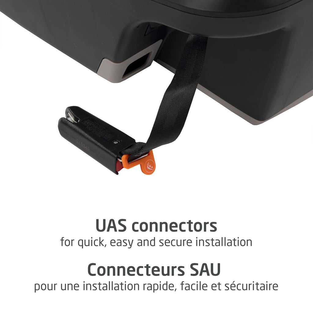 Close-up view of the premium UAS connectors on the Maxi-Cosi Mico car seat base for quick, effortless, and secure vehicle installation.