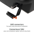 Close-up view of the premium UAS connectors on the Maxi-Cosi Mico car seat base for quick, effortless, and secure vehicle installation.