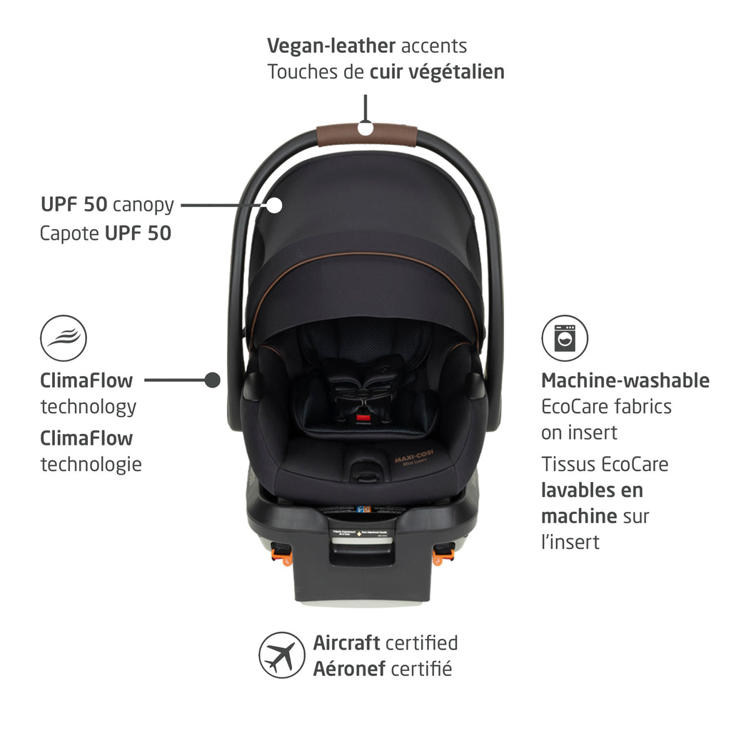 Front view callouts of the Mico Luxe Plus car seat featuring vegan-leather accents, UPF 50 canopy, ClimaFlow technology, machine-washable fabrics, and aircraft certification.