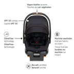 Front view callouts of the Mico Luxe Plus car seat featuring vegan-leather accents, UPF 50 canopy, ClimaFlow technology, machine-washable fabrics, and aircraft certification.