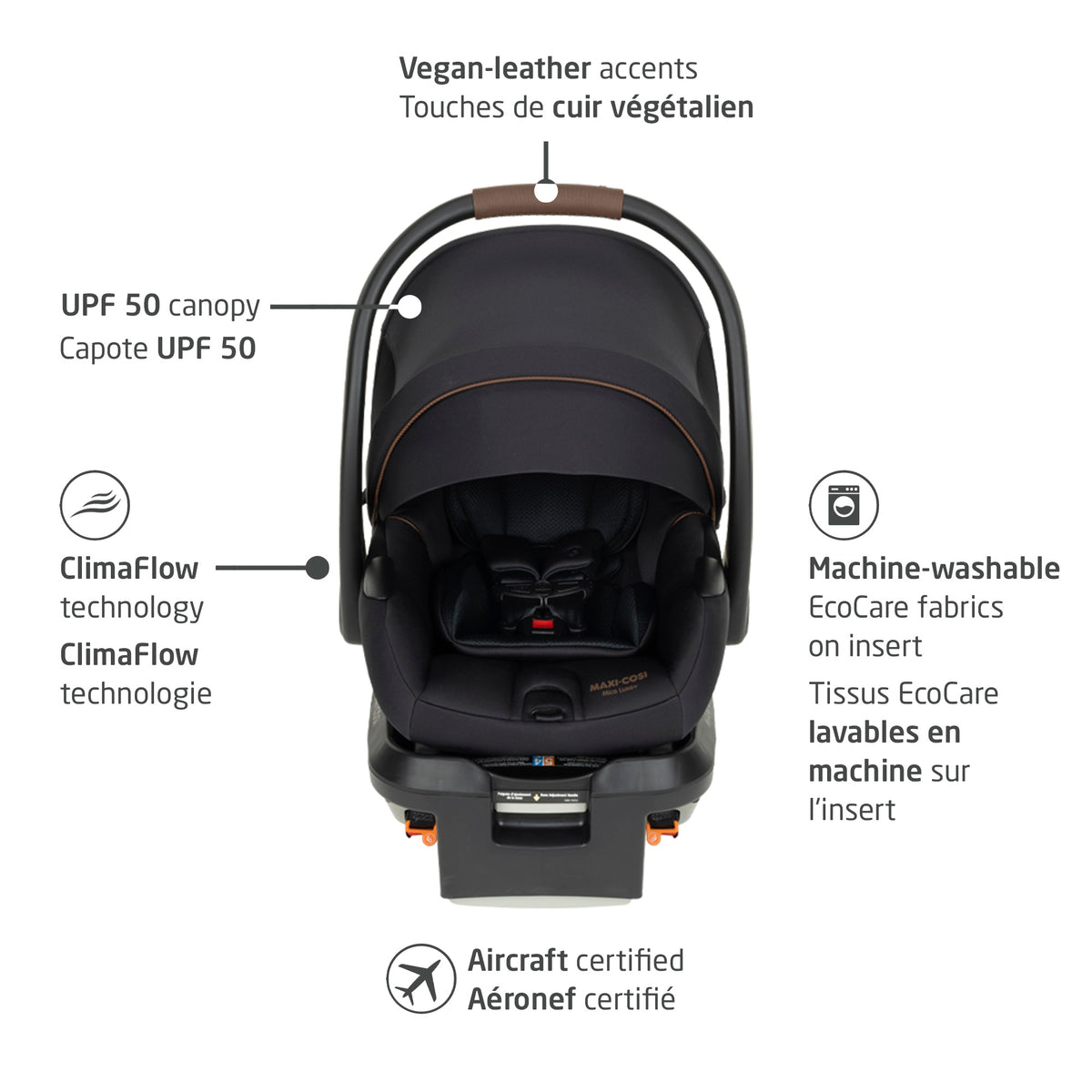 Front view callouts of the Mico Luxe Plus car seat featuring vegan-leather accents, UPF 50 canopy, ClimaFlow technology, machine-washable fabrics, and aircraft certification.