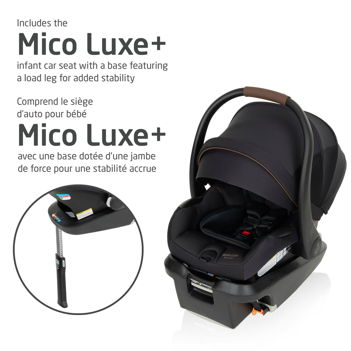 Included Maxi-Cosi Mico Luxe Plus infant car seat and stay-in-car base equipped with an anti-rotation load leg for added stability.