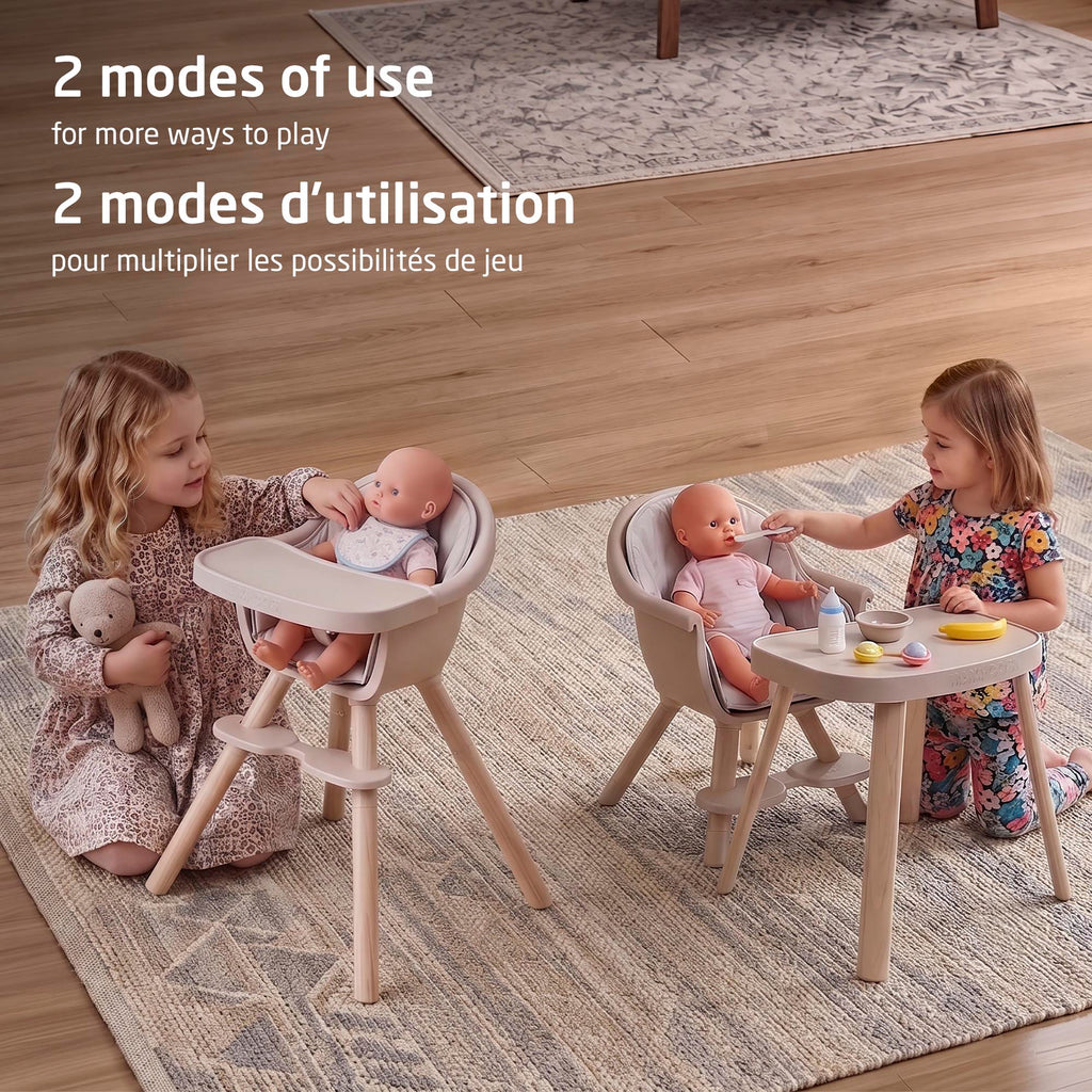 Two young children demonstrating 2 modes of use: high chair feeding mode and low play table with chair mode.