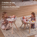 Two young children demonstrating 2 modes of use: high chair feeding mode and low play table with chair mode.