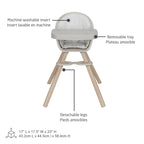 Diagram showing features of the Moa doll high chair including machine-washable insert, removable tray, and detachable legs.