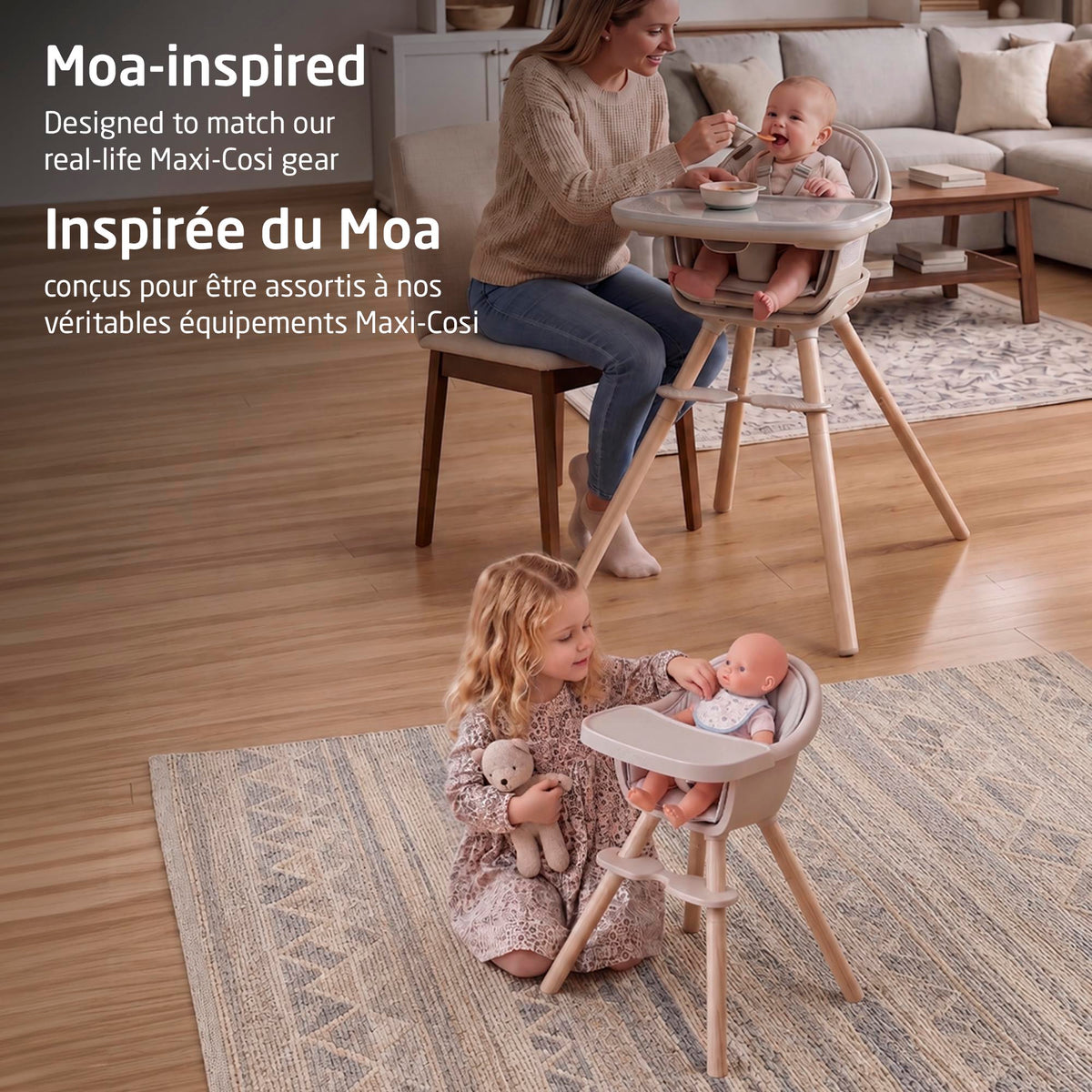 Maxi-Cosi Moa baby doll high chair styled alongside the real-life full-size Moa high chair with parent and baby.
