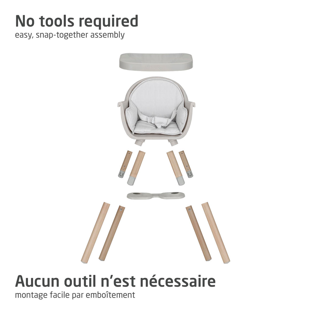 Exploded assembly overview of the Maxi-Cosi Moa doll high chair featuring easy snap-together parts with no tools required.