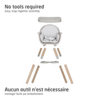 Exploded assembly overview of the Maxi-Cosi Moa doll high chair featuring easy snap-together parts with no tools required.